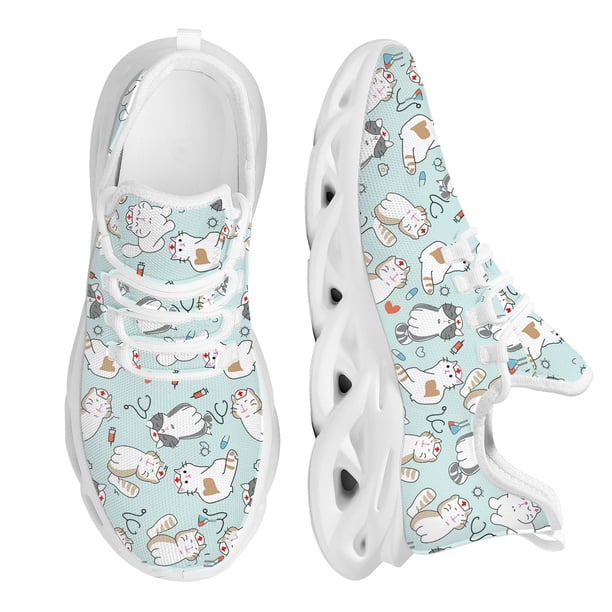 Zapatos de enfermera Kwaii para mujer con estampado de gato de dibujos animados, suela gruesa, cómodos zapatos de punto con cordones, zapatos médicos para mascotas, nuevos