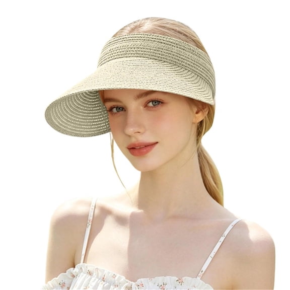PRINxy Women's Roll-Up Wide Brim Straw Sun Visor Hat, Lightweight Portable UV Protection Hat for Summer Beach Hiking Activities Beige