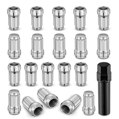 SPBTAR 12mmx1.5 Spline Lug Nuts,20pcs Silver Chrome M12x1.5 Lug Nuts Closed End Cone Seat Bulge Lug Nut for Aftermarket Wheels and One Black Spline Lug Nut Socket, Set of 20 1 Tuner Socket