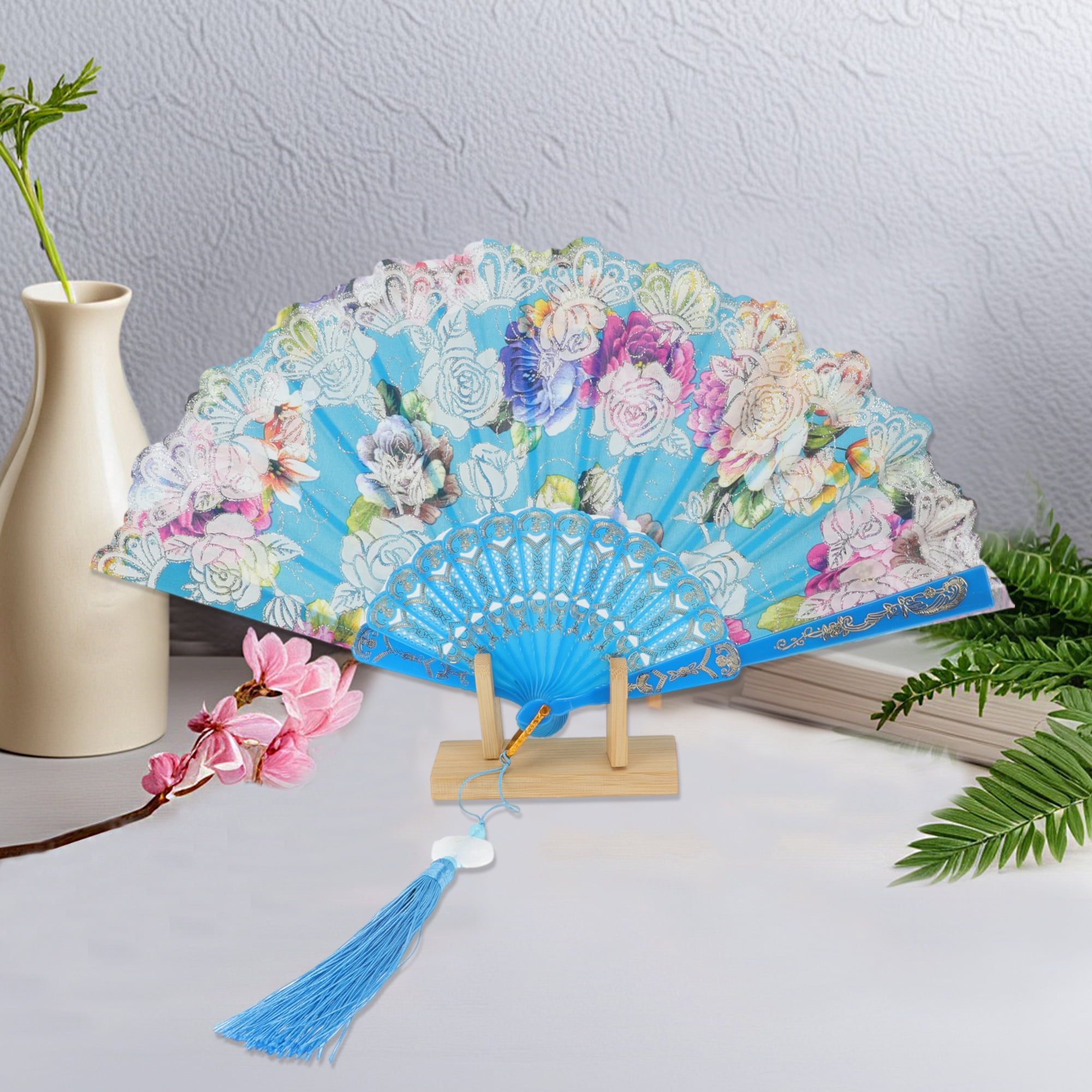 Unique Bargains Rose Print With Tassel Folding Fan 1 Pc For Summer Decorations Sky Blue