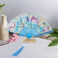 thumbnail image 4 of Unique Bargains 1 Pc Rose Print with Tassel Folding Fan for Masquerade Sky Blue Silk Fabric, 4 of 5