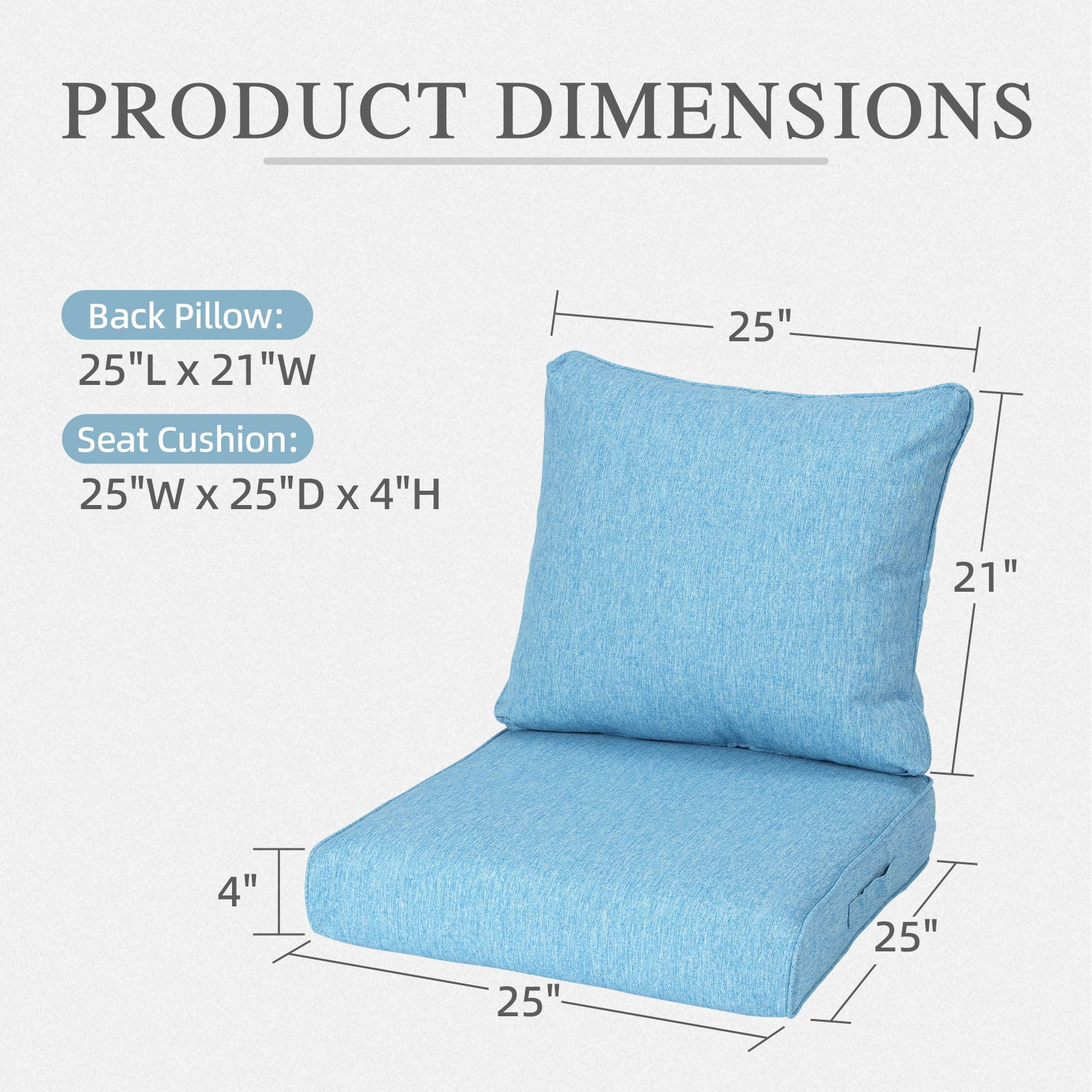 Aoodor 25" x 25" Patio Deep Seat Cushion Set, Water Resistant & Fade Resistant Outdoor Furniture Cushions with Adjustable Straps for Patio, Deck, Garden