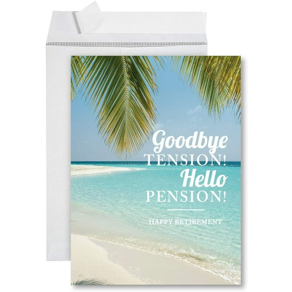 Koyal Wholesale Funny Jumbo Retirement Card With Envelope 8.5 x 11 inch, Goodbye Tension Hello Pension Tropical