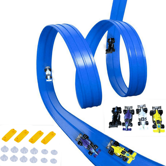 BELOVING Flexible Race Track, 13Ft Flexible Anti Gravity Race Track Kits Blue Flexible Race Car Ramp Track with 4 Small Racecars and 12 Suction Cups Compatible, Flexible Race Track for Ages 3 & Up