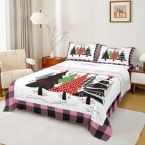 jejeloiu Cartoon Christmas Tree Twin Sheet Sets,Pinkue Geometric Grid Twin Fitted Sheet,Xmas Theme Flat Sheet,Microfiber Room Decor,3-Piece