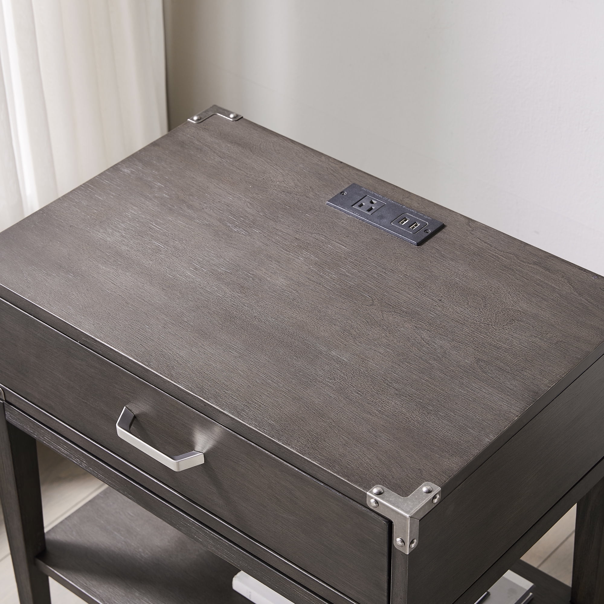 Beckett Nightstand Side Table One Drawer Rustic – Fast Charging Station, A/C and USB Charging Port Integrated – Durable Solid Wood – Living Room, Bedroom, Office, Anthracite/Pewter – Leick Home, 24022