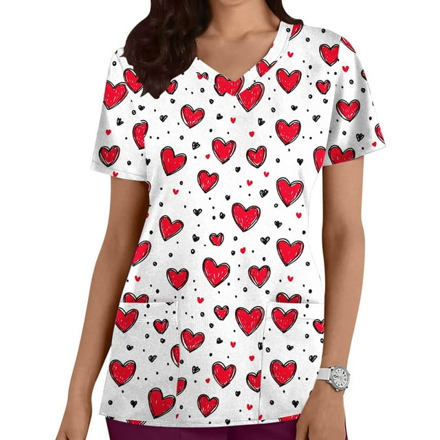 Uniformes médicos de San Valentín para mujer, modernos, con cuello en V y estampado de corazones, informales, de manga corta, para vacaciones, con bolsillos