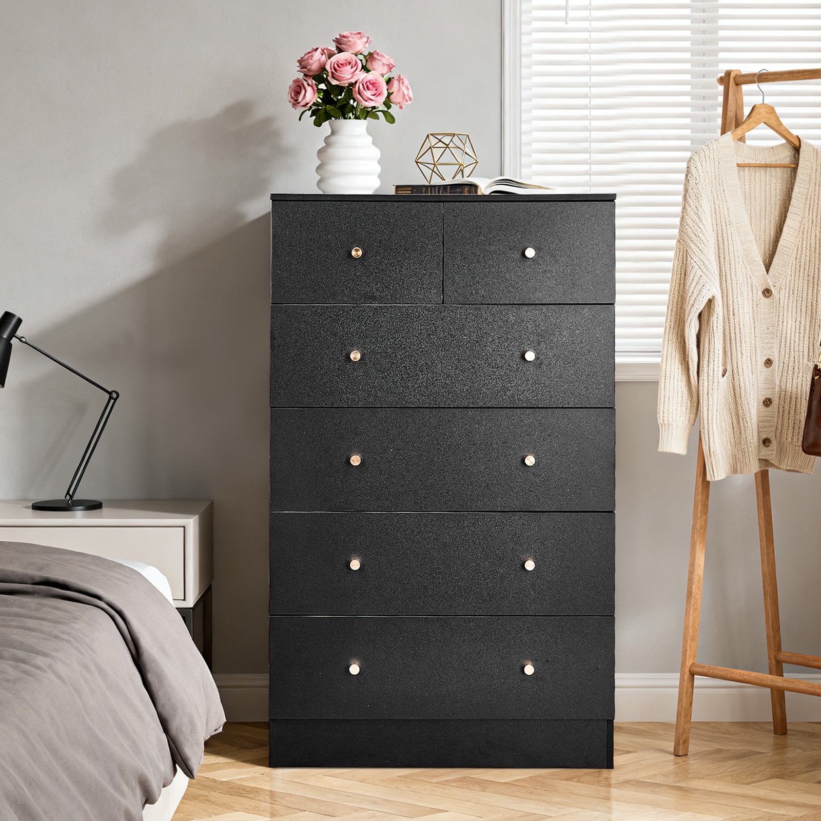 6-Drawer Cabinet, Matte Gold Handles Textured Melamine Particleboard Cabinet, Tall Space-Saving Storage Organizer for Bedroom Home Office Living Area