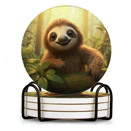 

BaHomeck Drink Coasters Set of 4 with Holder cute baby sloth smiling on the tree in forest Water Absorbent Ceramic Coasters Tabletop Protection Suitable for Various Cup Home Decor