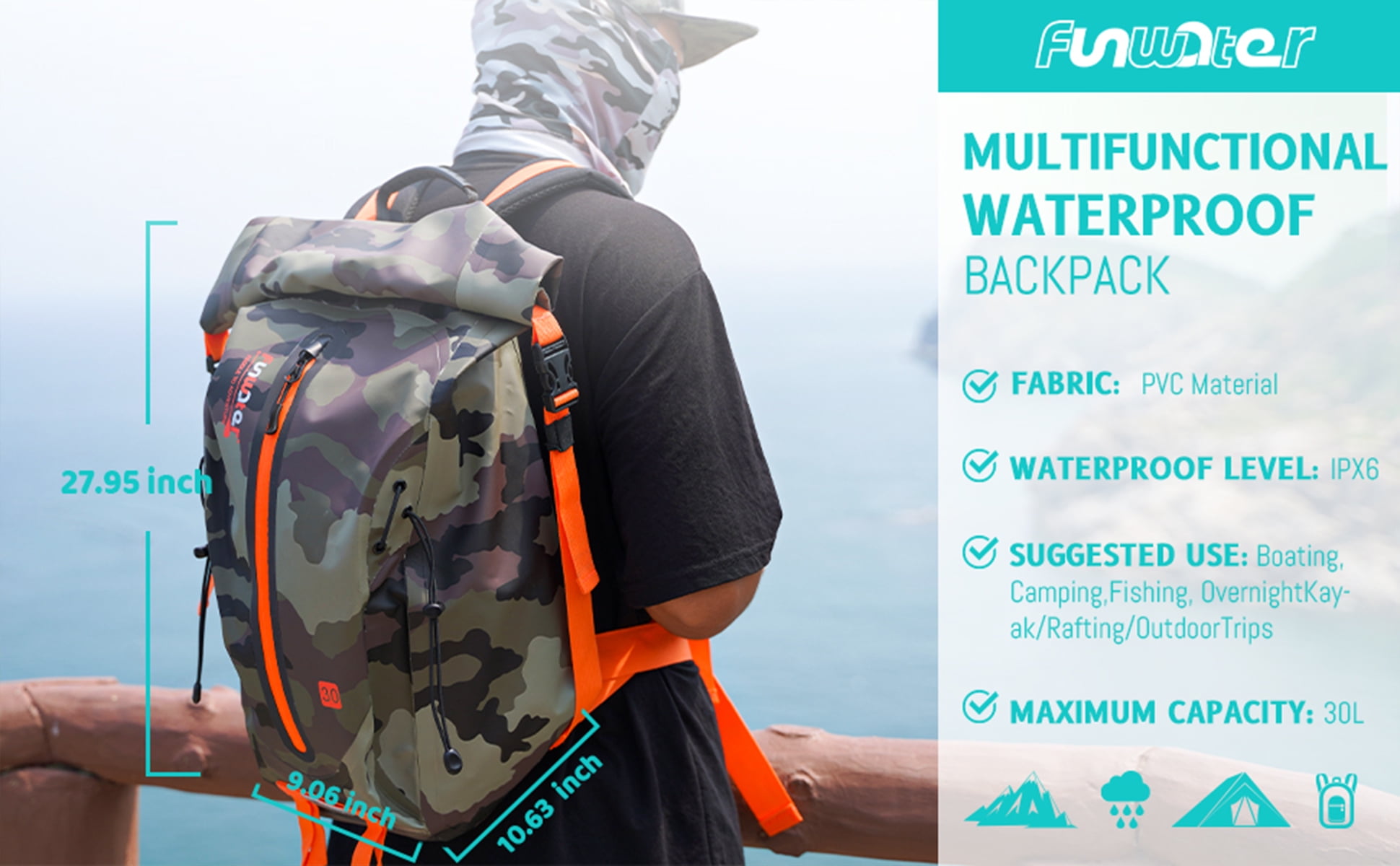 FUNWATER Waterproof Backpack Grey Camo,18L Roll Top Dry Bag