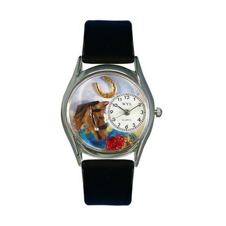 Whimsical Horse Head Black Leather And Silvertone Watch