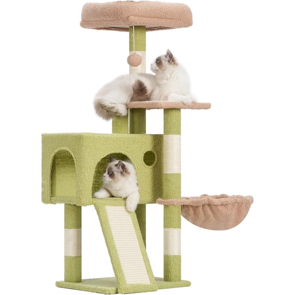 Cat Tree, 41.3" Cat Tower for Indoor Kittens with Scratching Board and Posts, Multi-Level Cozy Cat Condo with 2 Perches, Hammock, Balls, Green and Yellow