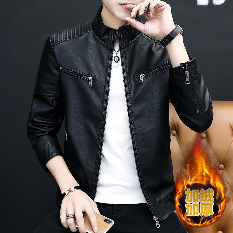 Men's leather jacket spring and autumn stand collar leather