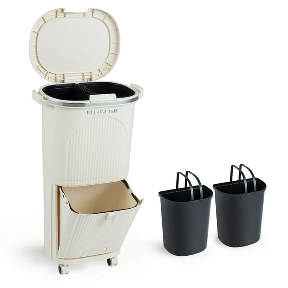 Costway 10 Gallon Kitchen Trash Can with Lid, 2 Removable Buckets, Step Pedal & Wheels