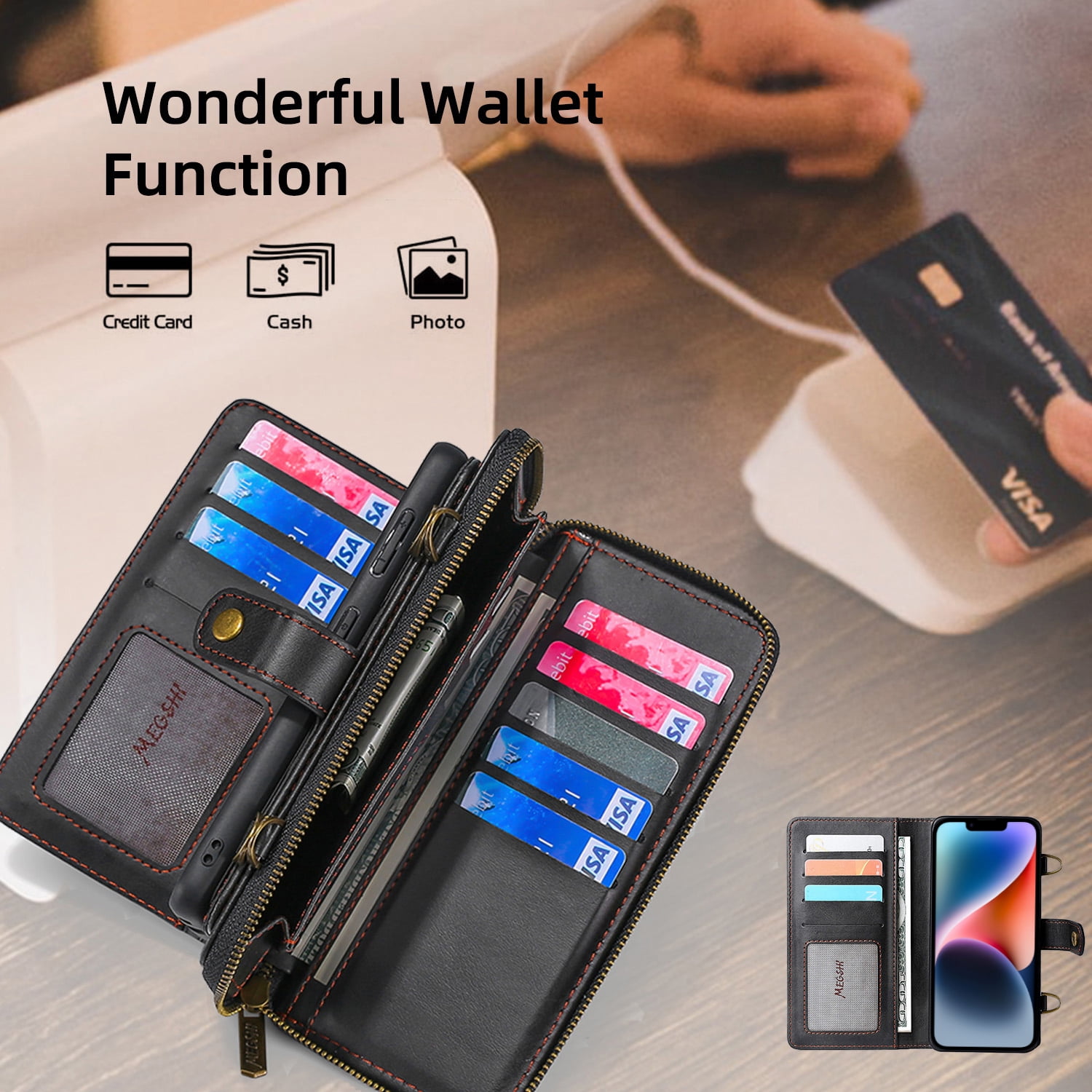 ELEHOLD Flip Wallet Case for iPhone 14 PU Leather Purse Case with Large Capacity 13 Card Slots Zipper Pocket Kickstand Magnetic Detachable Case Cross Body Shoulder Strap Shockproof Protective,Black
