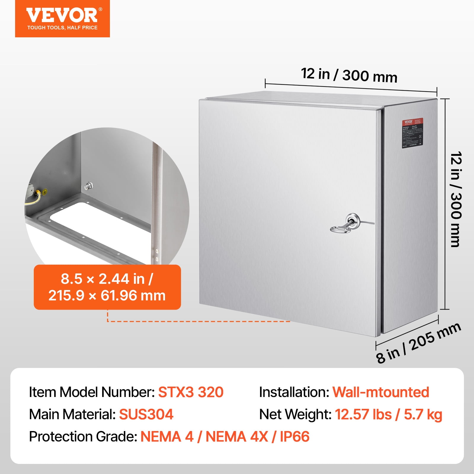 VEVOR NEMA Stainless Steel Enclosure, 12 x 12 x 8 in, NEMA 4X Steel Electrical Box, IP66 Waterproof & Dustproof, Outdoor/Indoor Electrical Junction Box, with Mounting Plate