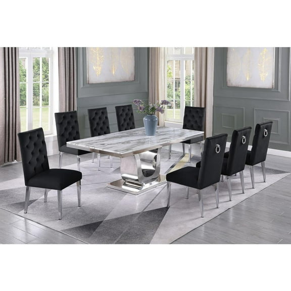 Silver Stainless Steel 9 Piece Dining Set with Marble Table and Black Chairs