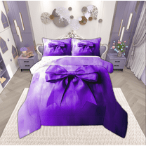 Manfei Dreamy Purple Ribbon Queen Comforter Set for Teen, Chic Artwork Bowknot Bedding Sets, Oil Printing Reversible Bedding Comforter Set, Ultra Soft Home Decor, 3 Pieces