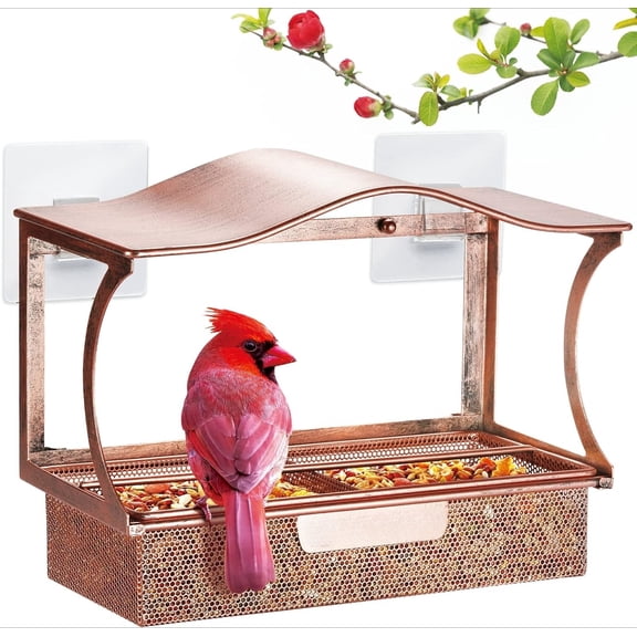 Metal Window Bird Feeder with Removable Seed Tray, Easy Install Adhesive Hooks, 1.7lb Large Capacity Weatherproof See Through Bird Feeder for Wild Birds