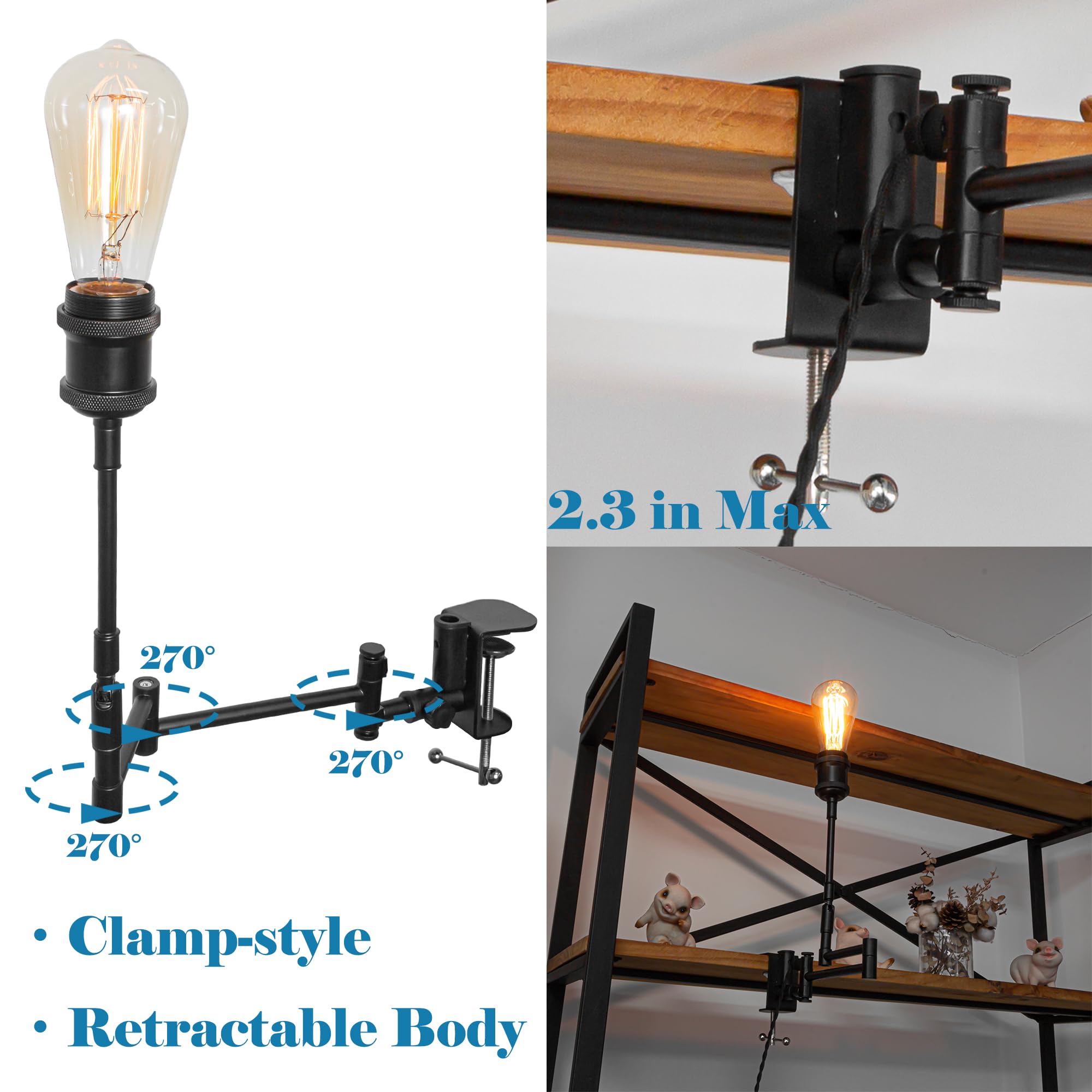 Kiven Plug-in Modern Clip-on Desk Lamp, 1-Light Blue Glass Nightstand Lamp with Flexible Arm, 8.2FT Plug in Cord, Decorative Clamp Lamp for Bookshelf Bedside Office Farmhouse Home Decor