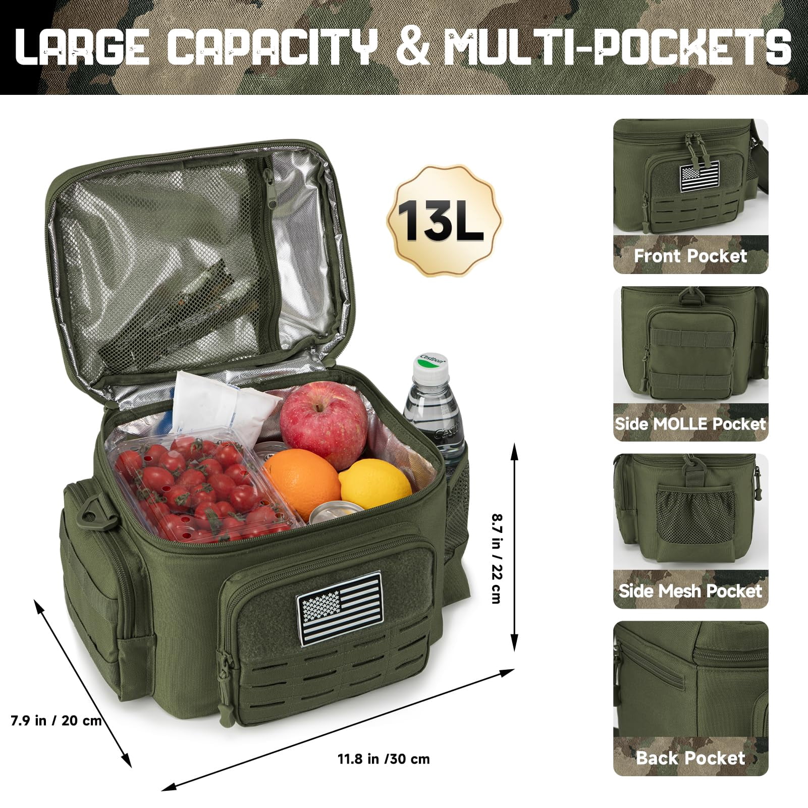 Haadid Tactical Lunch Bag for Mens Military Heavy Duty Lunch Box Work Leakproof Insulated Durable Thermal Cooler Bag for Adult Meal for Office Camping Picnic Pail MOLLE Webbing Army Green