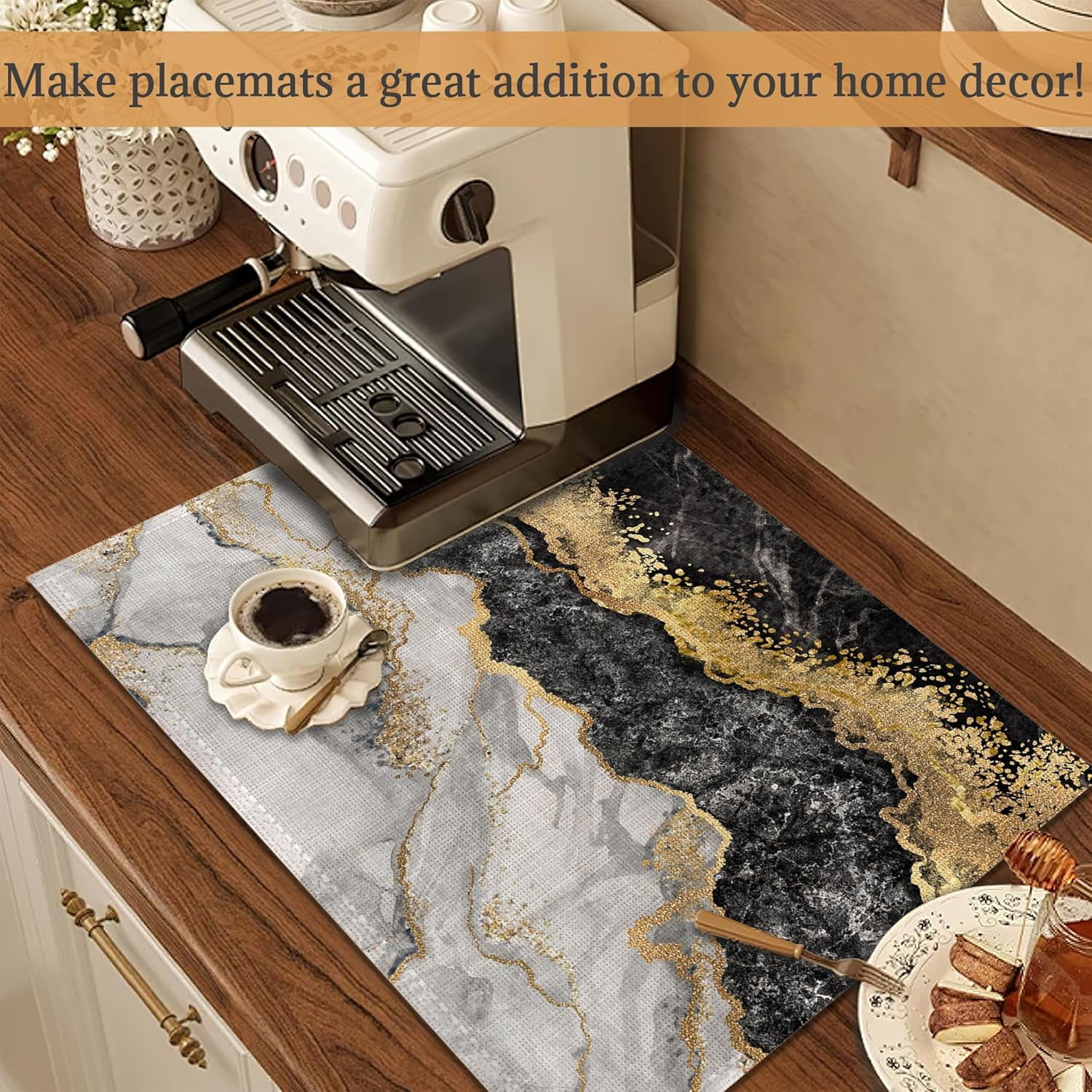 Black Gold Marble Placemats Set of 6 Washable Table Mats for Kitchen Dining Table,Heat-Resistant Place Mats for Indoor Outdoor Party Holiday Decoration