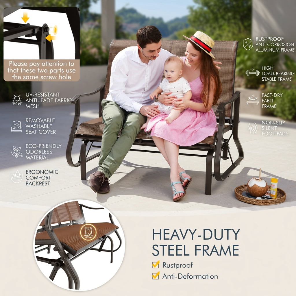 Hommoo 2-Person Steel Patio Glider Bench with High Back Support, Curved Ergonomic Armrests & Smooth Rocking Motion for Porch, Backyard, Garden, Brown