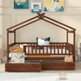thumbnail image 2 of Full House Bed with 2 Storage Drawers, Full Bed Frame with Rails and Roof, Tent Bed, Wooden Full Daybed, Full Montessori Bed for Teens Girls & Boys, No Box Spring Needed (Walnut), 2 of 9