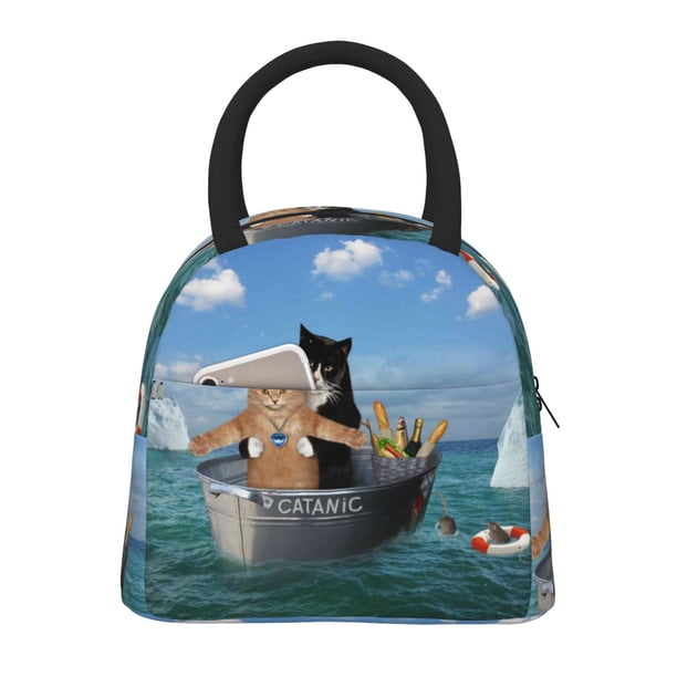 Fotbe Two Brave Cats Are Floating On The Sea Iceberg Bolsa de Almuerzo con Estampado, Lonchera Aislada, Contenedor de Comida Reutilizable Tipo Cooler a Prueba de Fugas