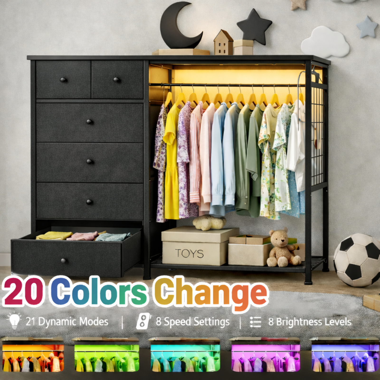 Simple Deluxe Storage Clothes Rack with 6 Drawers, Charging Station & LED Lights, Fabric Chest Shelves Clothing Rack, Wooden Portable Wardrobe Closet, 49.2" W x 15.7" D x 47.2" H, Gary