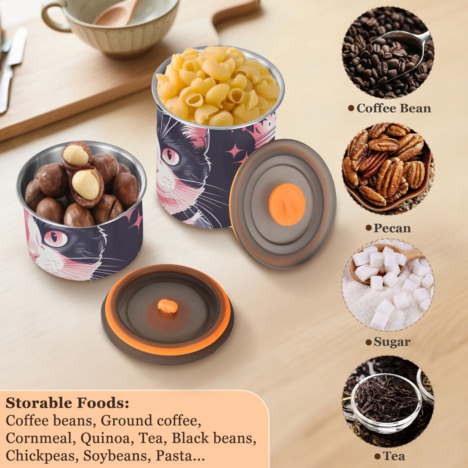 Cat Kitten Crown Airtight Coffee Bean Canister 30oz Food Storage Containers with Lids For Gournd, Tea, Sugar, Flour, Rice, Cereal, Candy Cookie Jar