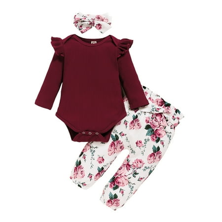 

9 Months Baby Girls Clothes 12 Months Girls 3PCS Fall Winter Clothing Set Infant Girls Long Sleeve Top Pants Headband Set Red