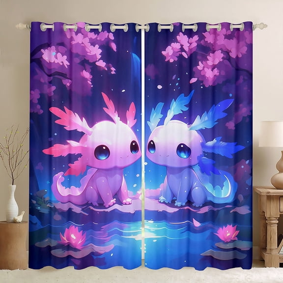 Erosebridal Kawaii Axolotl Curtains for Living Room, Blue Pink 30%-50% Blackout Curtains Set of 2 (38x45), Lake Lotus Curtains Pack of 2, Bedroom Curtains Bedroom Decor