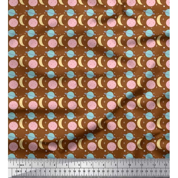 Soimoi Brown Silk Fabric Moon & Planet Galaxy Fabric Prints By Yard 42 Inch Wide