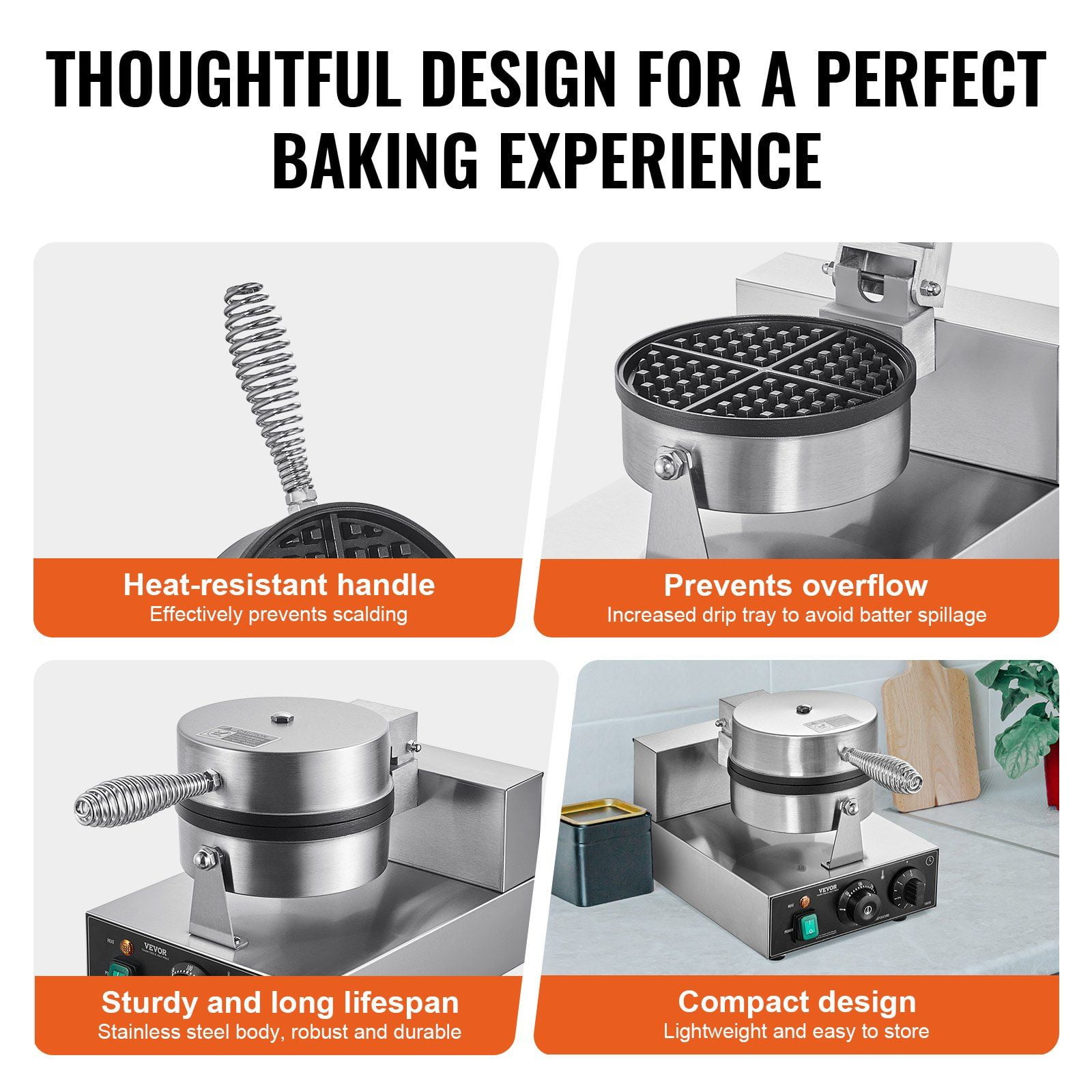 Dranite Commercial Round Waffle Maker Machine - Non-Stick Coating, 1230W Power, Professional Belgian Waffle Iron Baker for Breakfast and Business Use