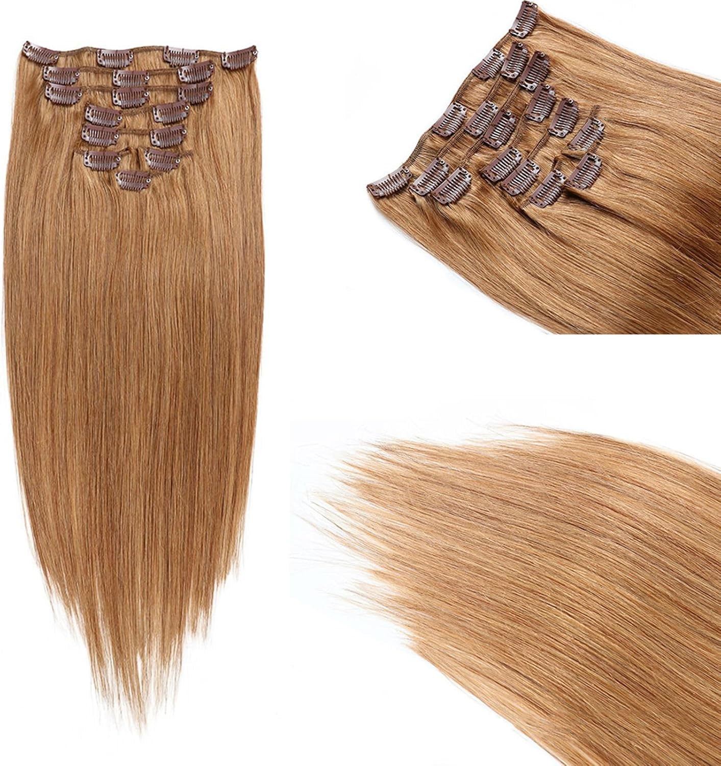 Aorsher Clip in Hair Extensions Human Hair, 7Pcs Golden Brown Double Weft Silky Straight, Remy Human Hair, Thick Clip in Real Hair Extensions for Women, 24Inch