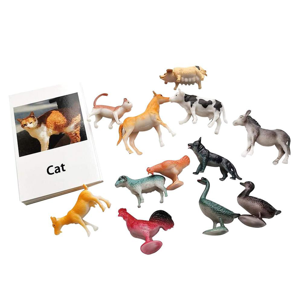 12 Pieces Miniature Wild Animals Montessori Animal Match Cards and Figurines 