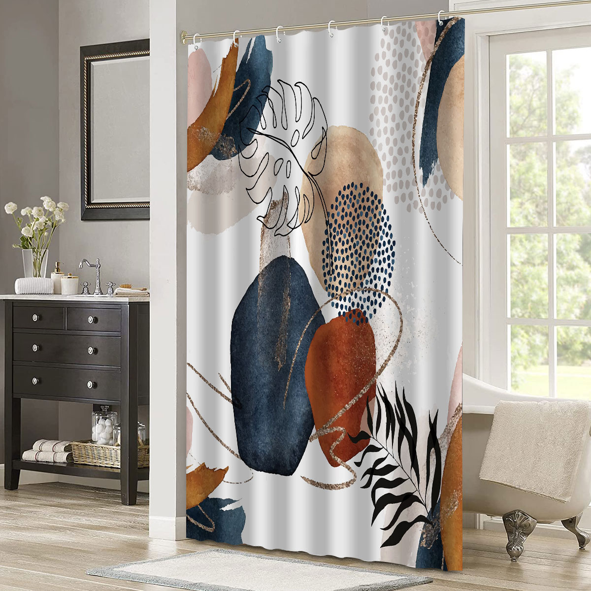 Dznils Abstract Shower Curtain, Geometric Boho Design, 72" x 72", Blue photo 5