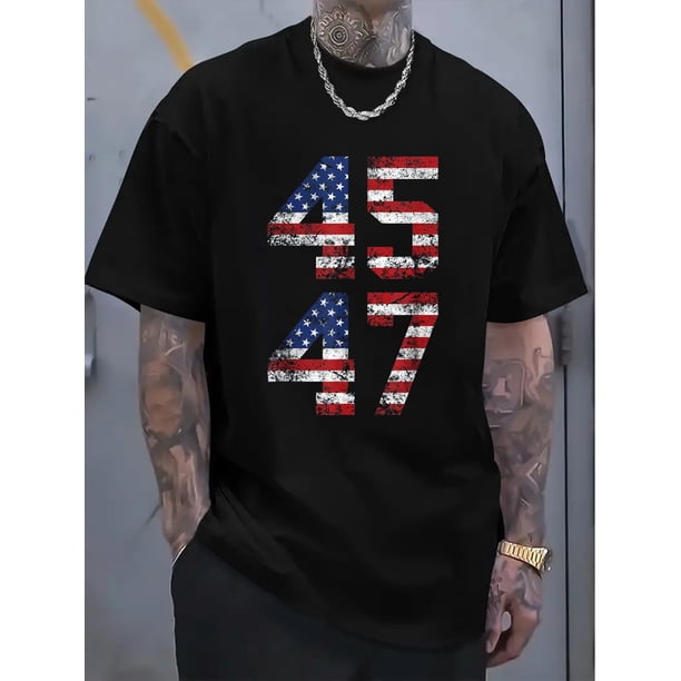 Retro 45/47 Supporter President Election Print T-Shirt, Casual Crew Neck Short Sleeve Comfort Tee Top For Spring & Summer, Men's Clothing, Casual Sporty Tee, Comfy Tee