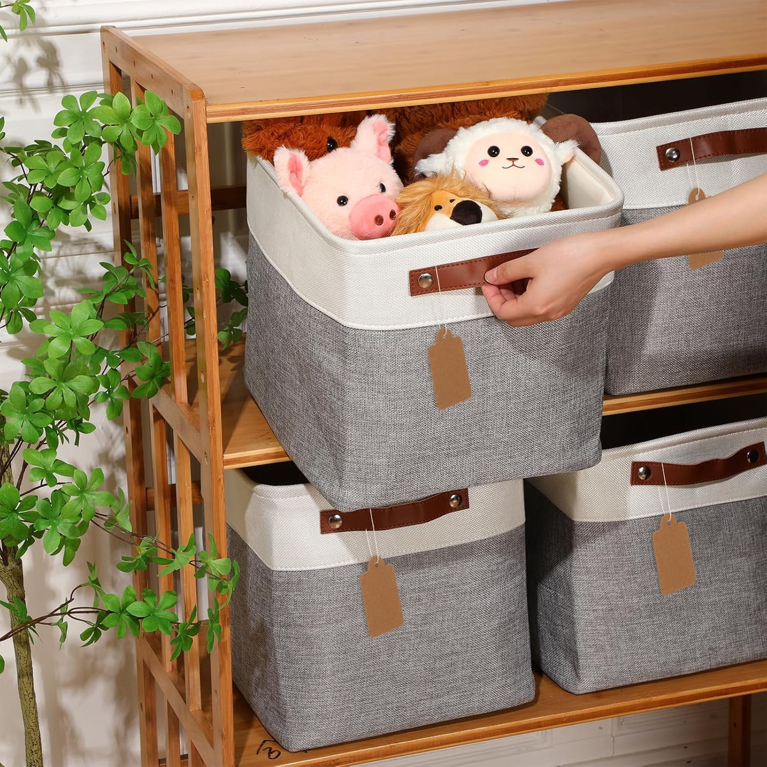 10 Pcs Collapsible Storage Bins Fabric Storage Basket with Handles Cloth Organizer Linen Shelf Baskets for Shelves Home Closet Nursery Toys(12 x 12 x 12 Inch,Gray and White)