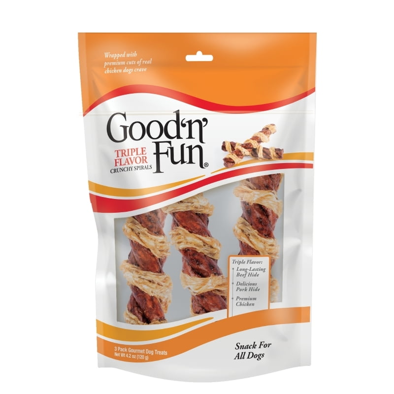 Good N Fun Triple Flavor Crunchy Spirals LongLasting Dog Chews, 3 Count (4.2 Oz)