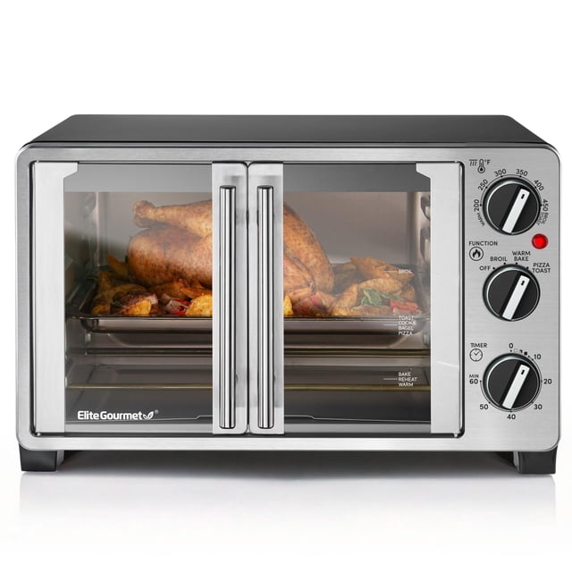 Elite Gourmet ETO2530M - Horno tostador de doble puerta francesa, hornear, asar, tostar, mantener el calor, se adapta a pizza de 12 pulgadas, capacid
