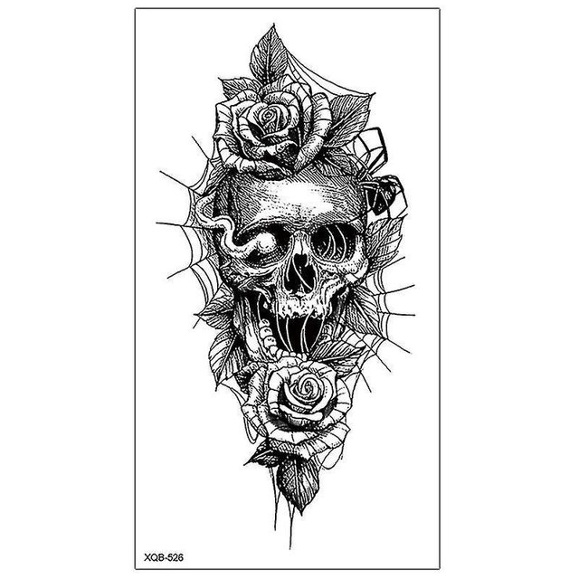 Tatuaje temporal de esqueleto de Halloween de calavera negra para hombres adultos realista león tigre lobo aterrador tatuaje falso pegatina antebrazo tatuaje (xqb-526)
