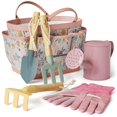 thumbnail image 1 of Kinderific Juego de herramientas de jardinería para niños STEM Incluye bolsa de mano, pala, regadera, rastrillo, tenedor, paleta y guantes (floral), 1 of 7