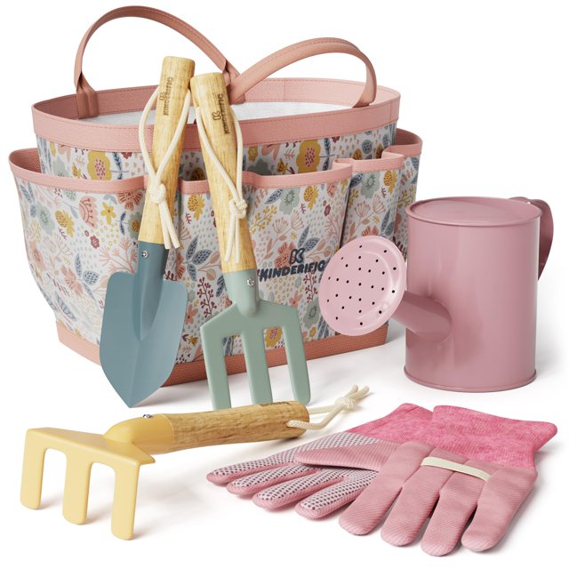 Kinderific Juego de herramientas de jardinería para niños STEM Incluye bolsa de mano, pala, regadera, rastrillo, tenedor, paleta y guantes (floral)