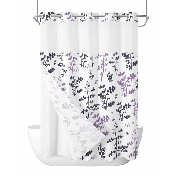 No Hook Shower Curtain with Snap-in Liner, Grey Purple Botanical Waterproof Fabric Bathroom Curtains, Watercolor Spring Floral Summer Leaf Bath Curtains & Mesh Top Window 60"x72"