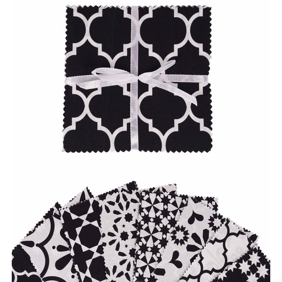 Soimoi Precut 10-inch Geometrical Stencils Prints Cotton Fabric Bundle Quilting Squares Charm Pack DIY Patchwork Sewing Craft- White & Black