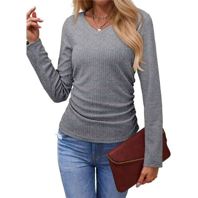 Tops Casuales para Mujer, Cuello en V, Camisas de Larga, Túnicas Básicas con Frunces Lisos, Blusas Gris XL