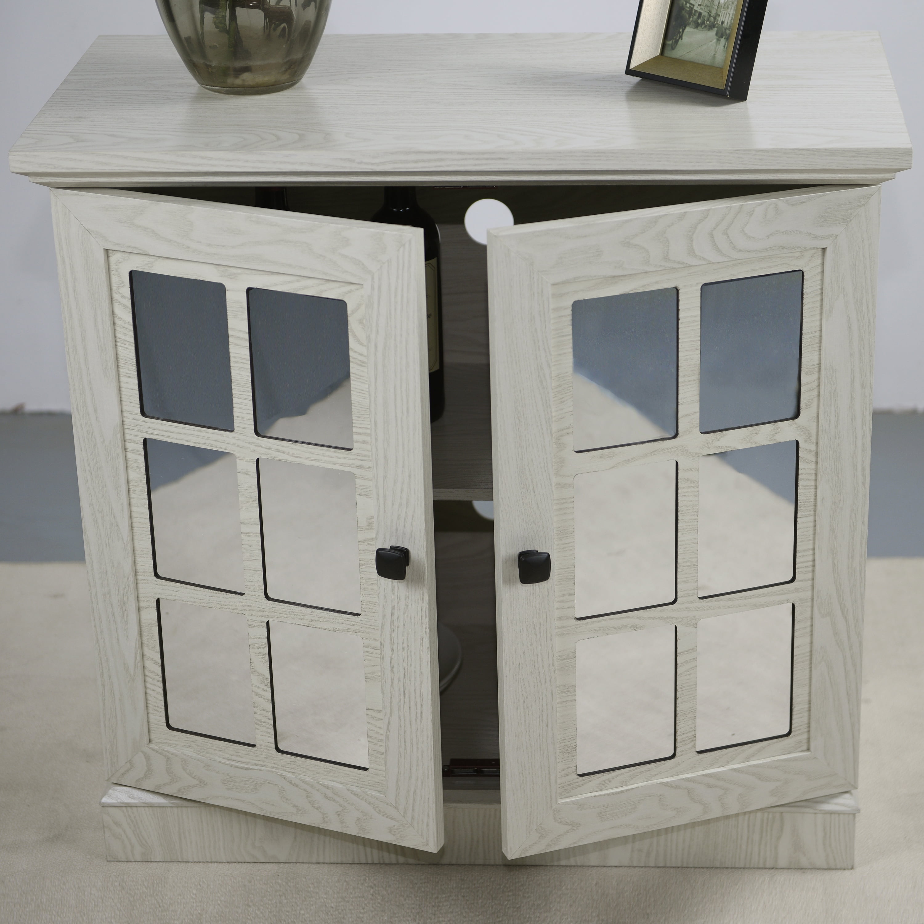Accent Cabinet, Mirrored Sideboard&nbsp;Storage with Decorative Doors, Anti-Tip Strings, White MDF 3D Wood Grain, 30.75 Inch W
