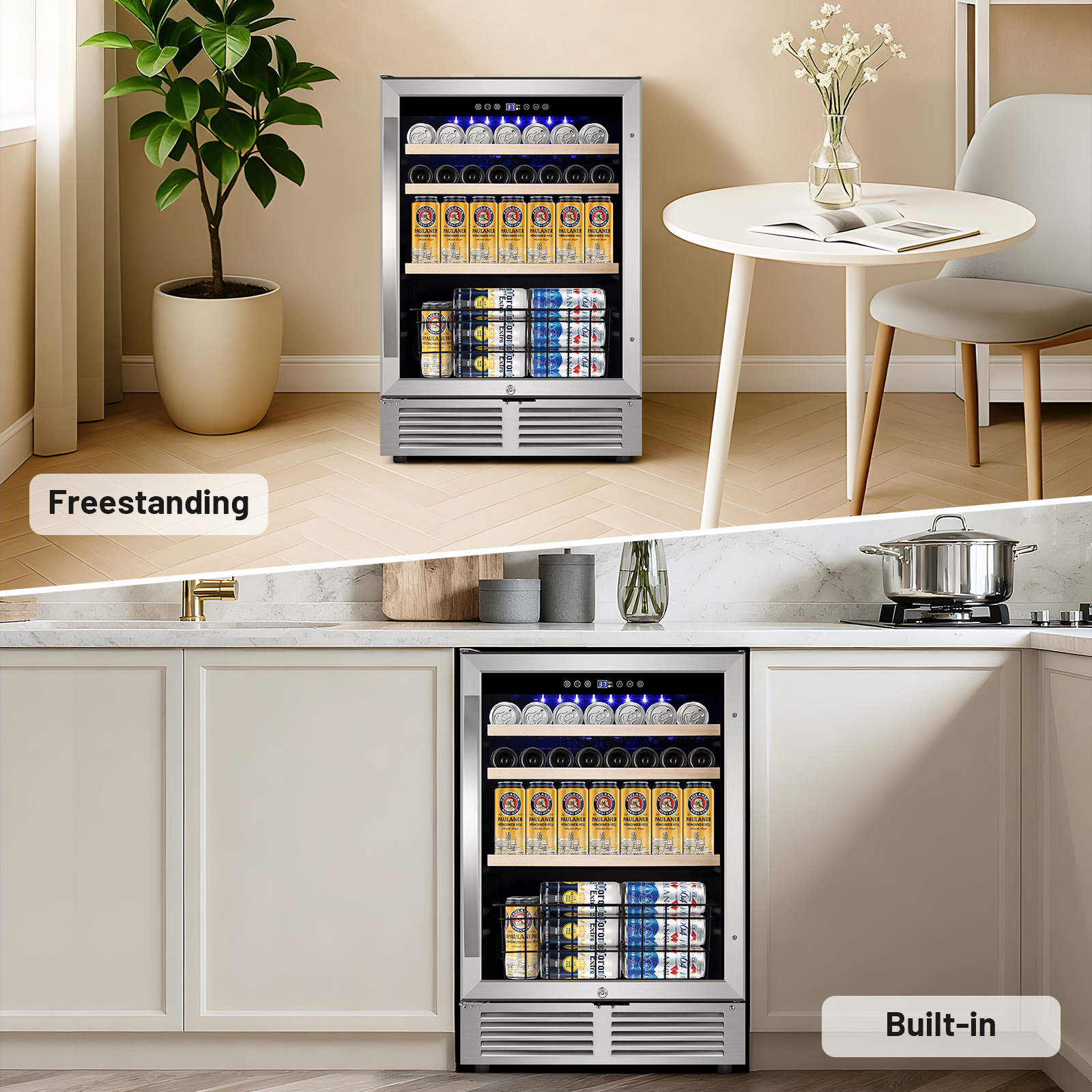 24" Beverage Refrigerator - 180 Can Capacity, Reversible Door, Built-In or Freestanding Beer Fridge, Soda & Drink Cooler